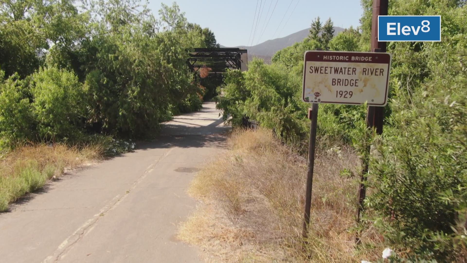 A drone's eye view of the old Sweetwater river bridge in Rancho San Diego that was originally built in 1929 as part of Highway 94 crossing the Sweetwater River.