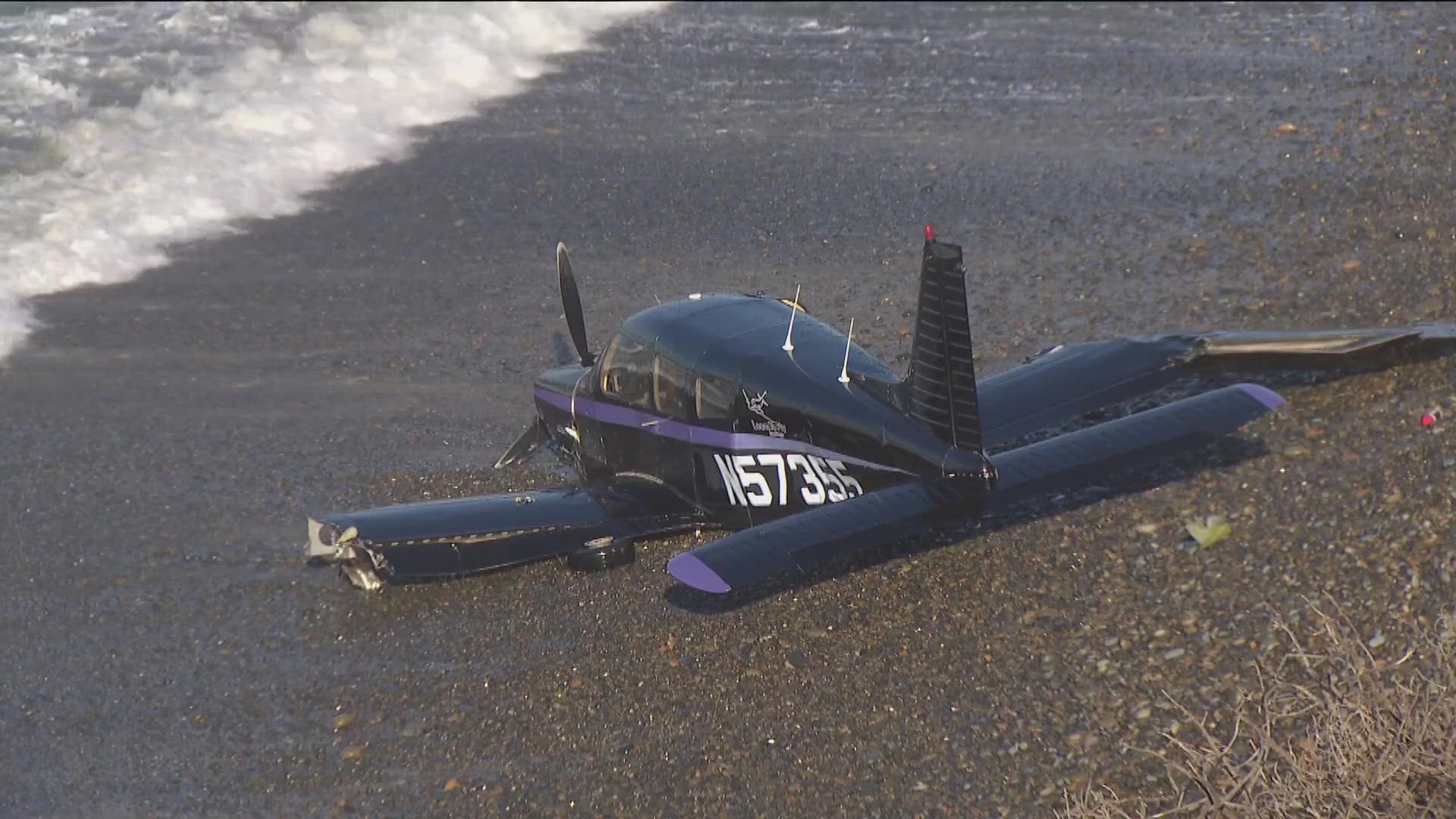 The aircraft took off from Montgomery Field and ended up in the water 30 yards off shore.
