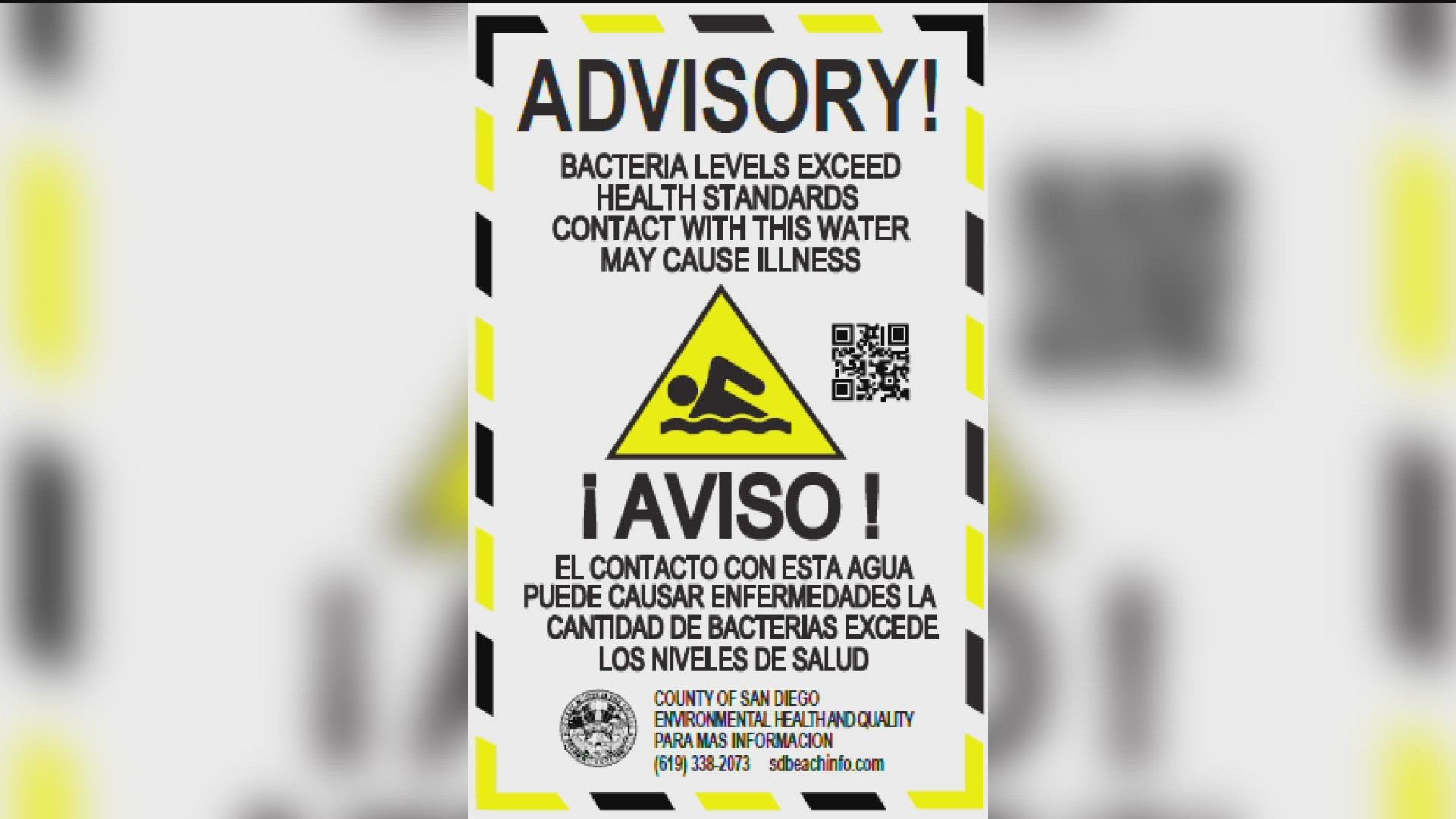 Warning signs will tell beachgoers that beach water may contain sewage and may cause illness if people come into contact with it.