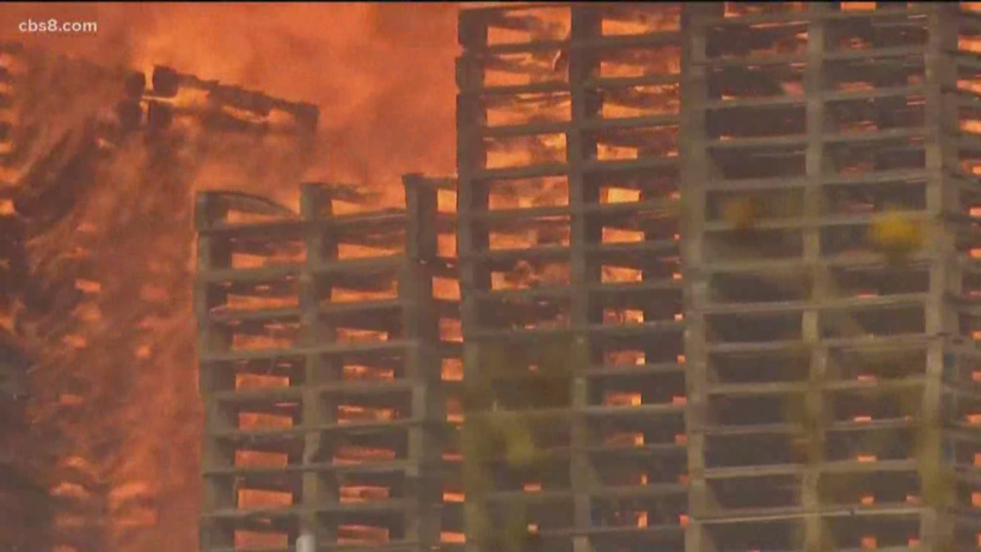 A wind-driven fire tore across grassy fields and brushy hills near Brown Field airport Thursday, charring hundreds of acres and destroying the stock of a sprawling pallet yard but causing no reported structural damage or injuries.