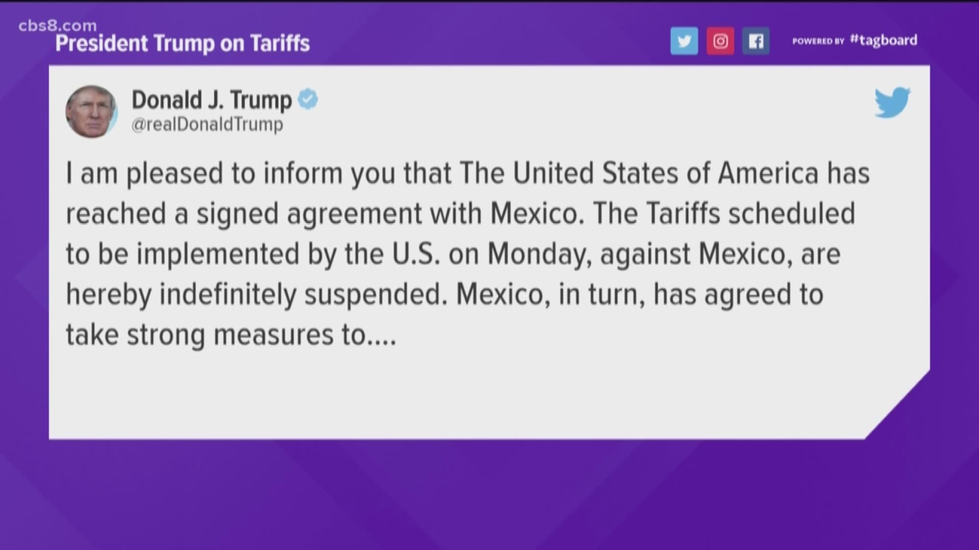 President Donald Trump says he has suspended plans to impose tariffs on Mexico, tweeting that the country "has agreed to take strong measures" to stem the flow of Central American migrants into the United States.