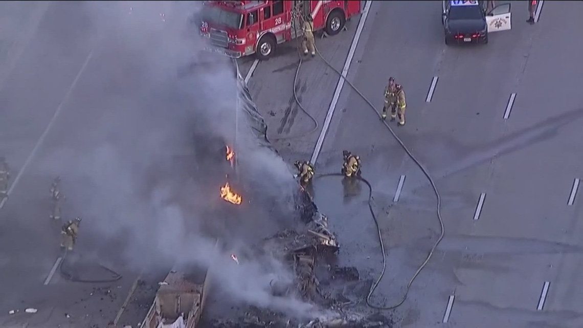 One dead after semi-truck catches fire on southbound I-805 in Mission ...