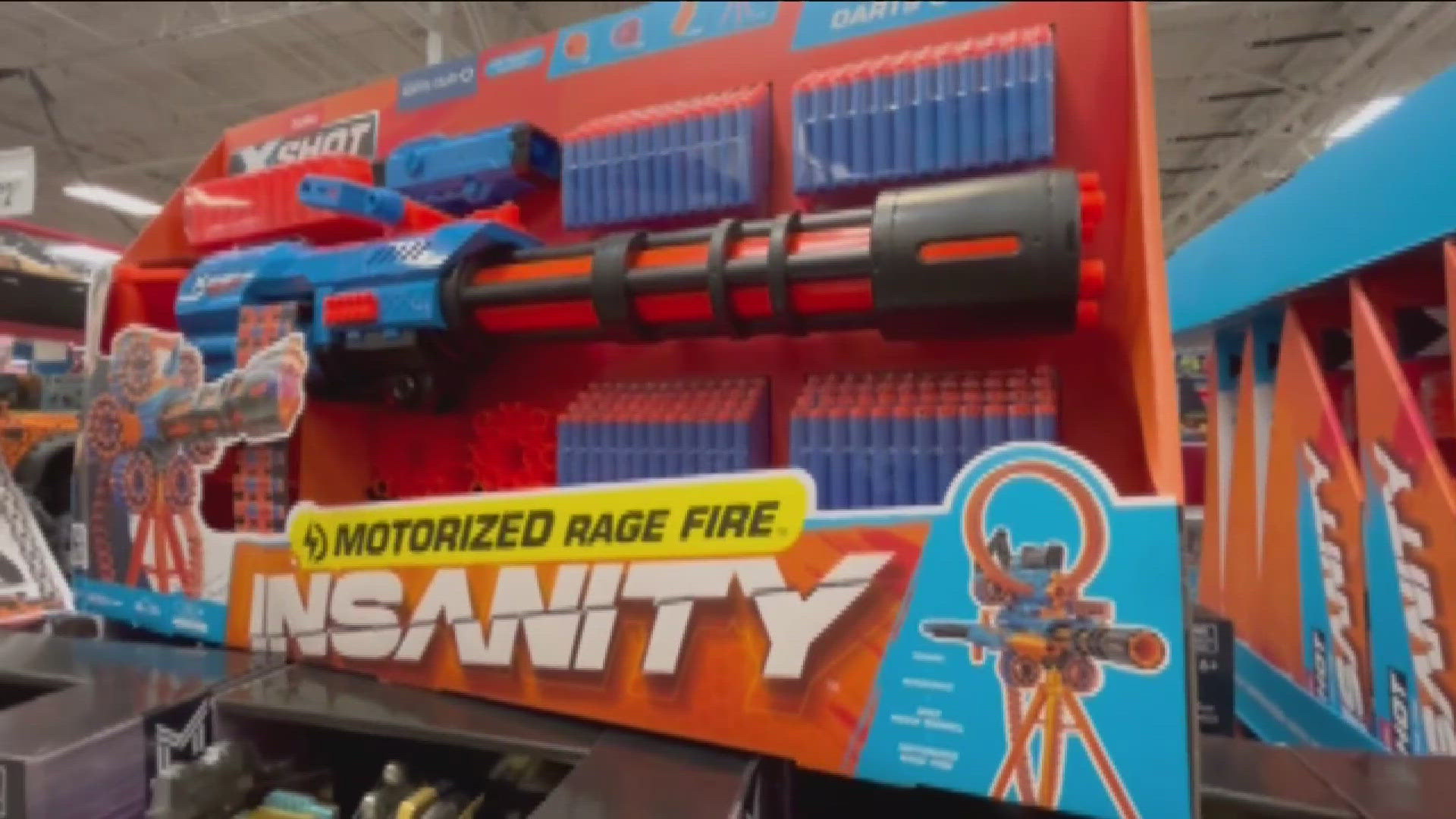 The Zuru X Shot comes with the words manic, motorized rage fire, berzerko, mad mega barrel and insanity on the box. 