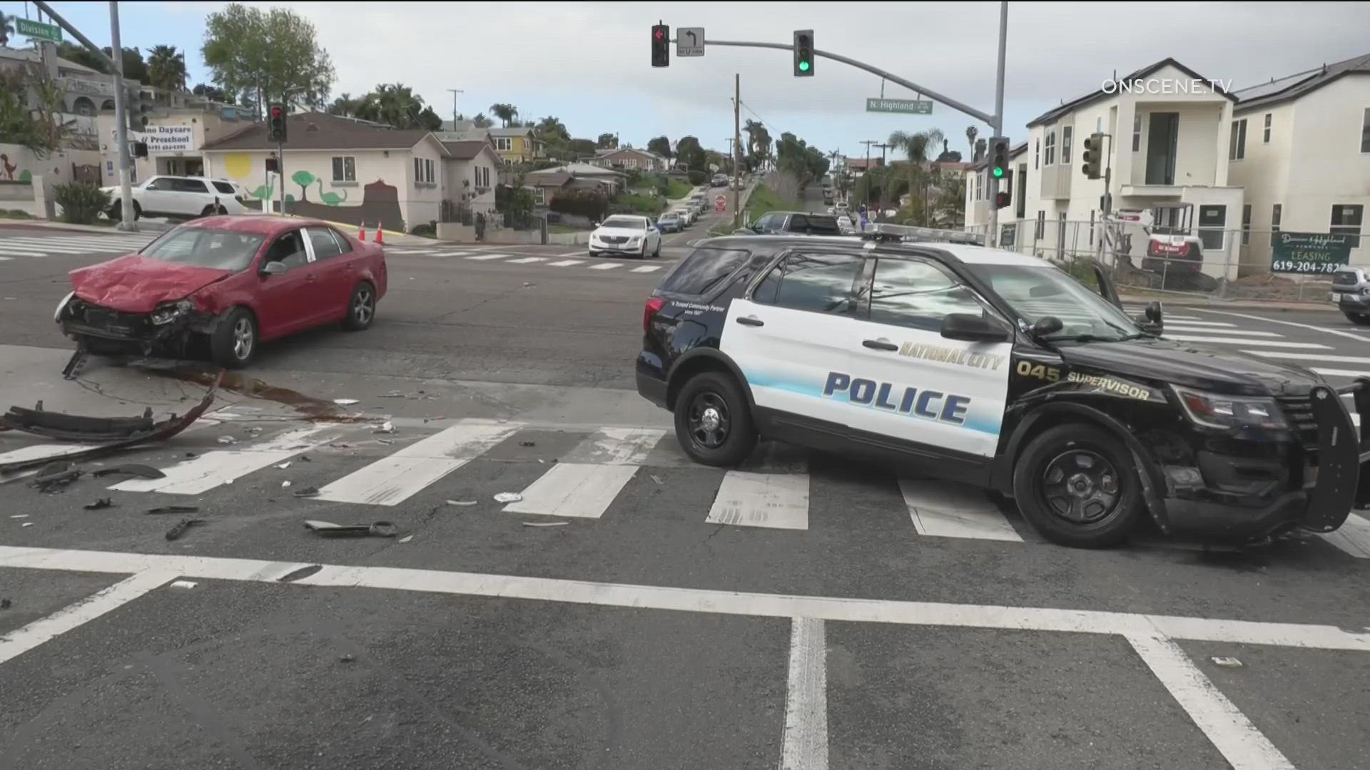 A National City police cruiser was struck by another vehicle while the officer was responding to the search for a suspect who stole a golf cart.