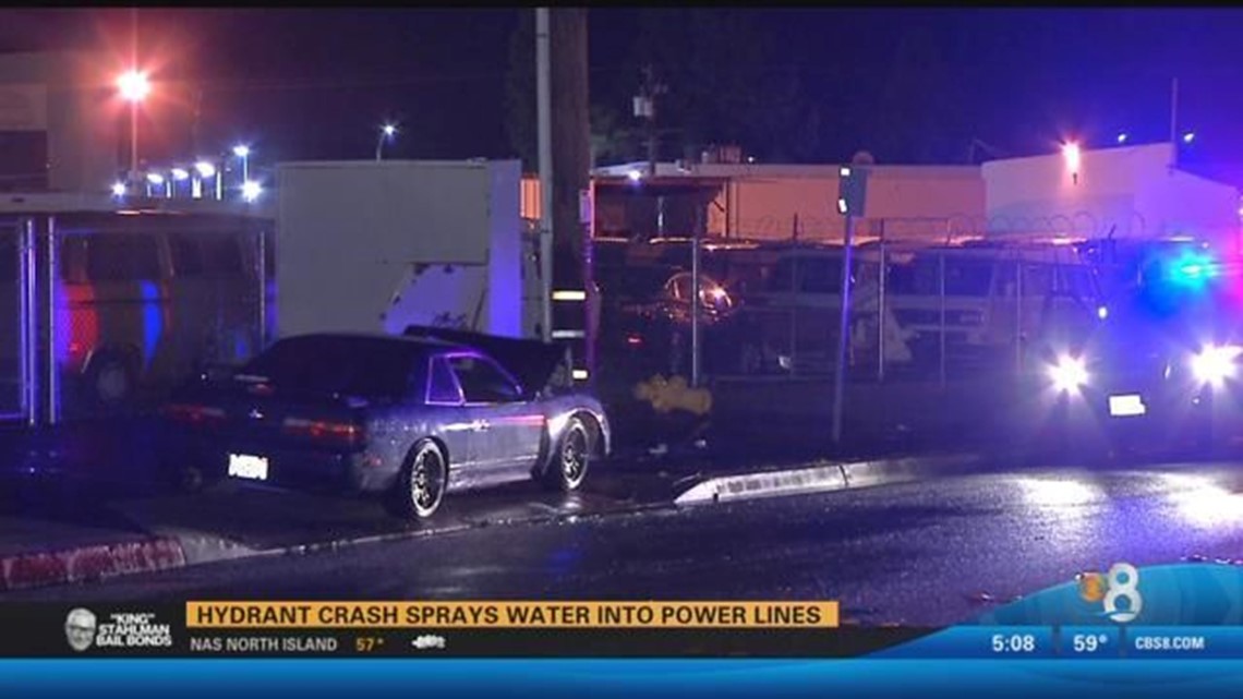 Hydrant crash sprays water into power lines | cbs8.com