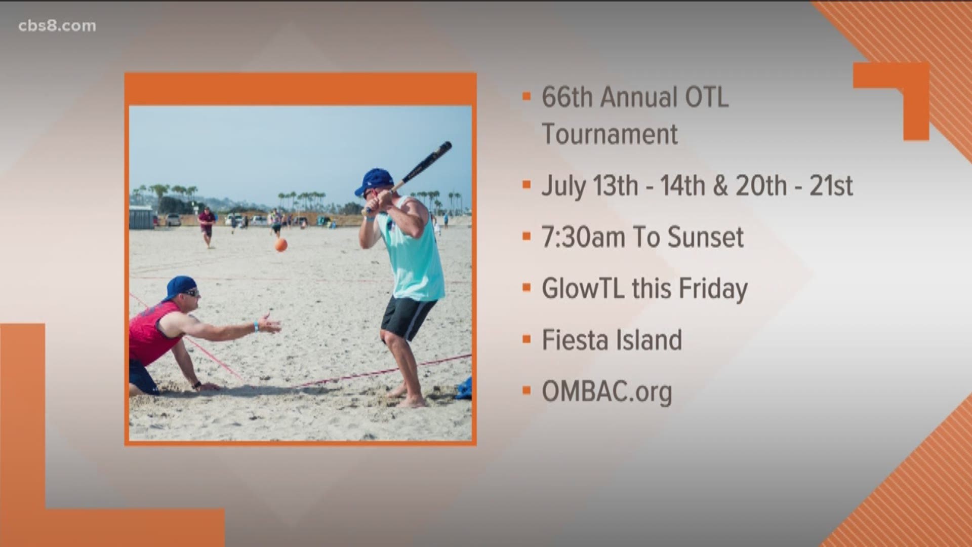 The 66th Annual World Championship Over-the-Line (OTL) Tournament will take place on July 13-14 and July 20-21 at Fiesta Island on Mission Bay.