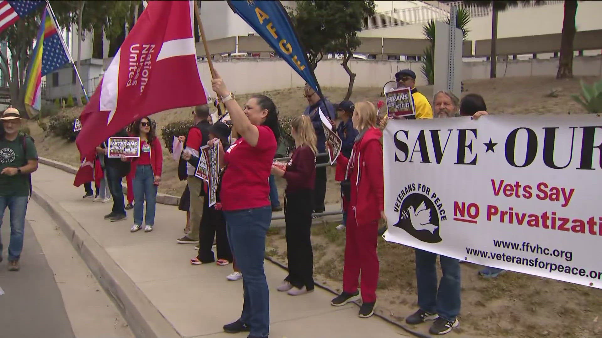 On Wednesday, nurses and veterans at the VA Medical Center in San Diego pushed back against sweeping staffing cuts they said put veterans’ care at risk. 