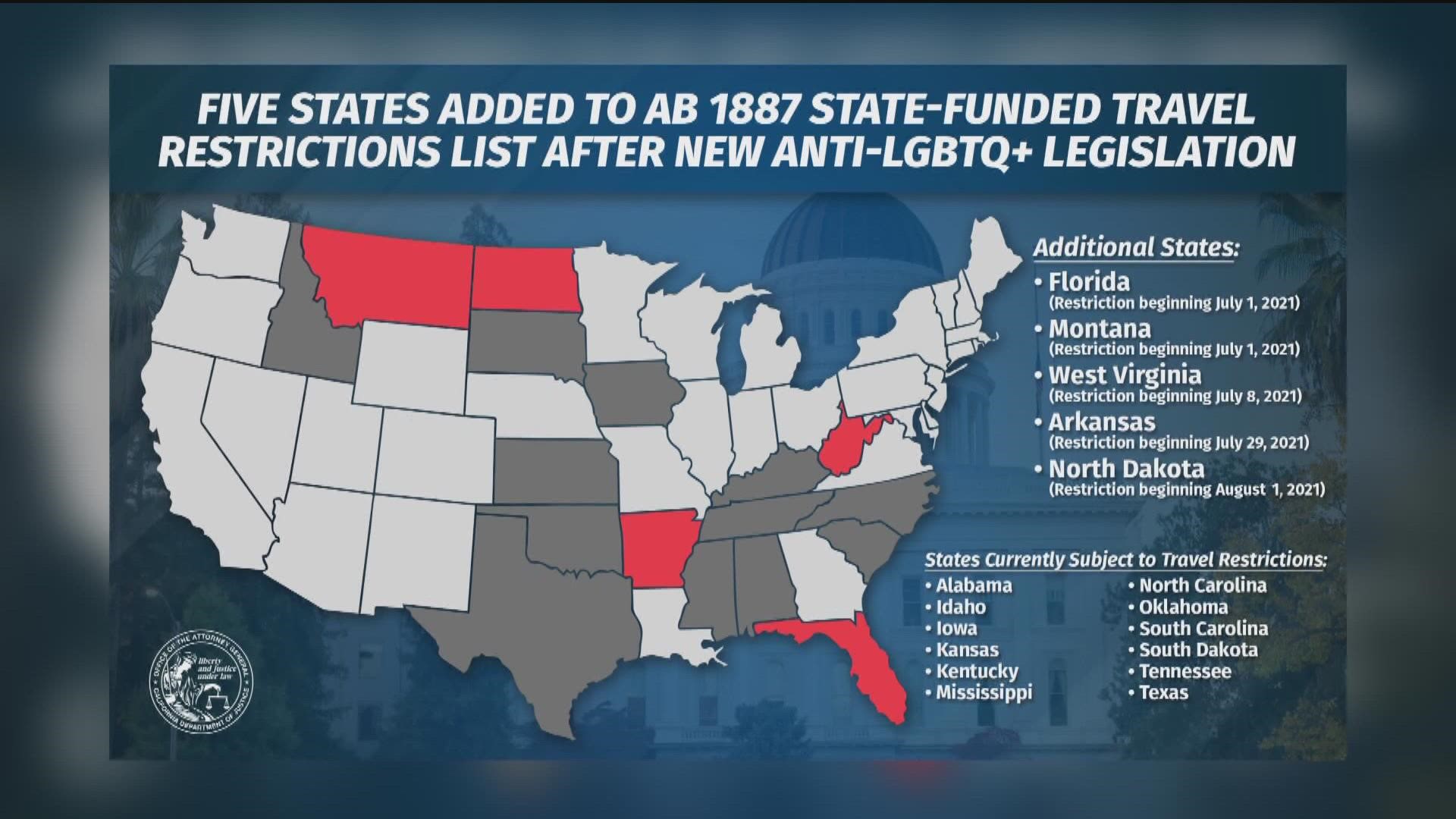 Montana is among the 22 states to which California has banned state-funded and state-sponsored travel, citing policies it deems discriminatory to LGBTQ+ people.