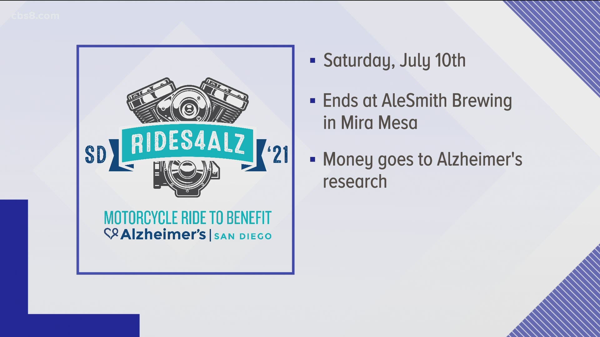 Rides4ALZ is scheduled for July 10, 2021. For more information: www.alzsd.org/events/rides4alz/