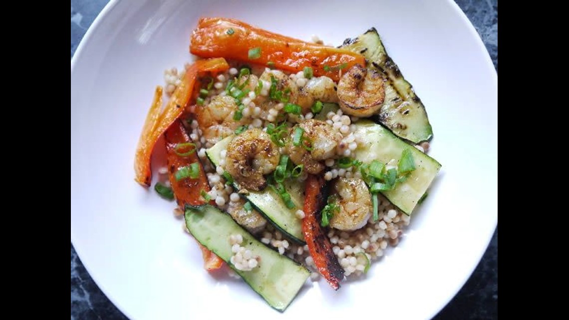 Israeli couscous with grilled shrimp and vegetables