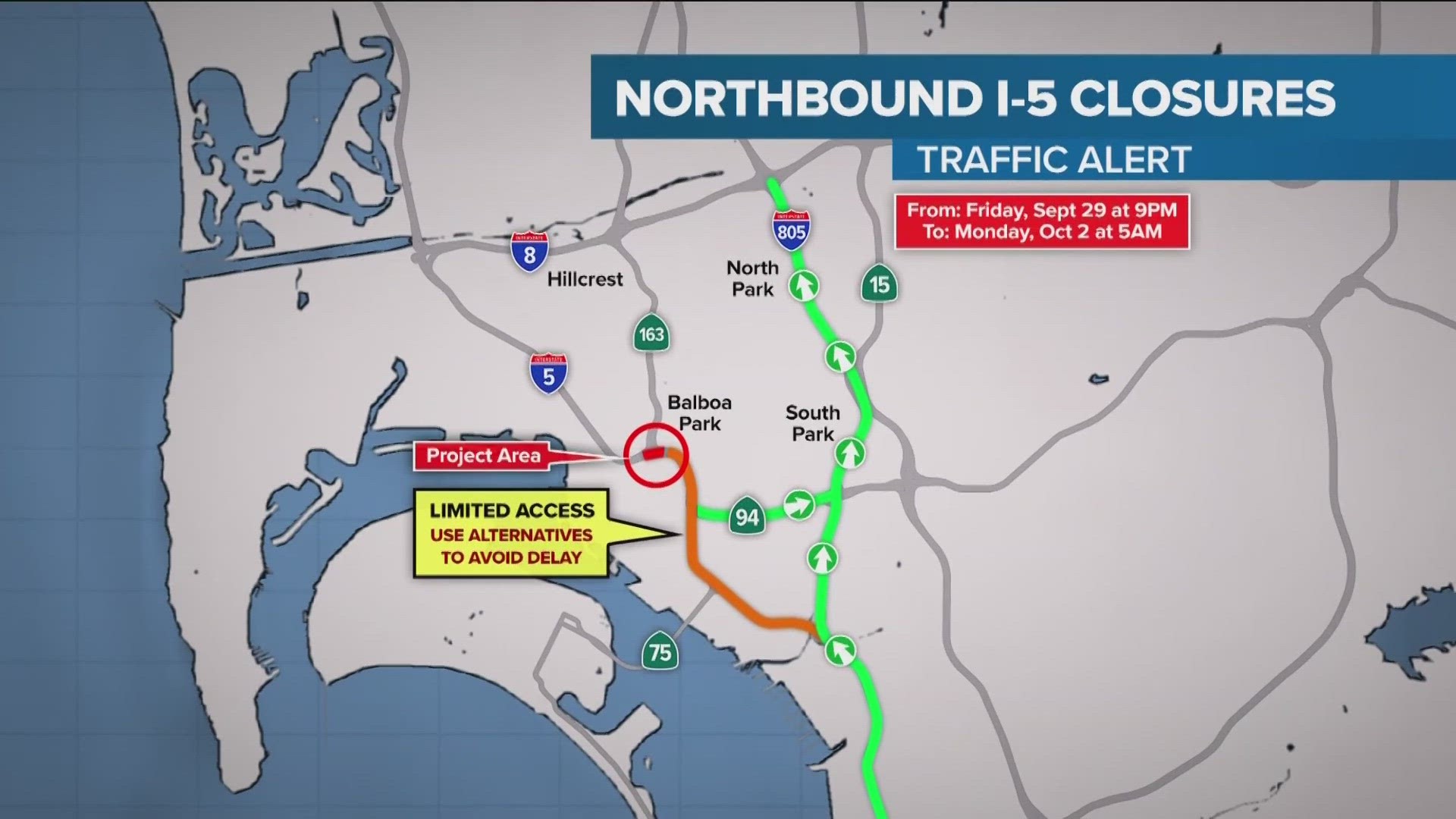 Caltrans will continue bridge repair work on I-5 in Downtown San Diego. Northbound I-5 lanes will be reduced to one lane starting in National City.