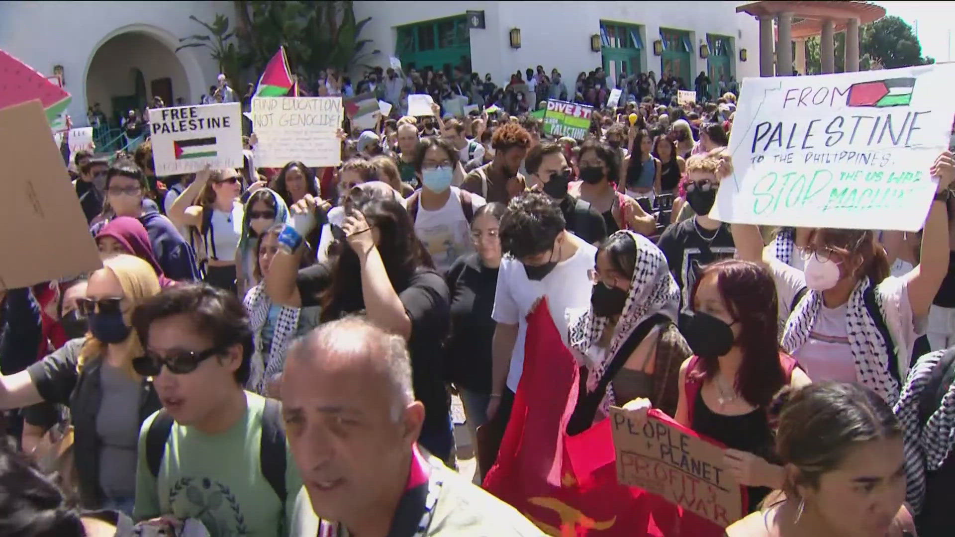 Hundreds of San Diego State University students staged a walkout Tuesday with demands for the university to sever financial ties with Israel.