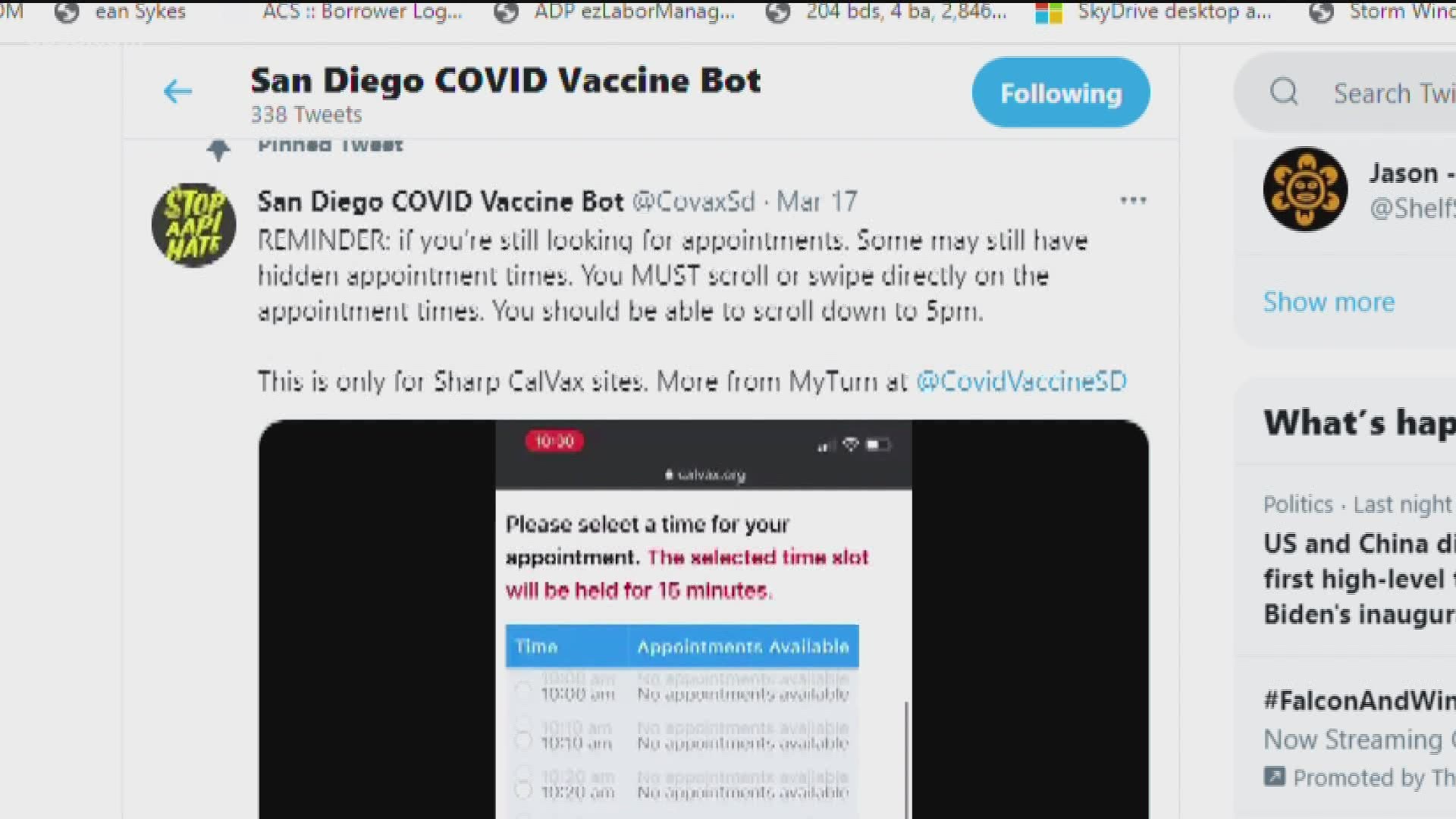 The "CovaxSD" bot is free and available to anyone on Twitter, helping find and alert subscribers to open vaccine appointments in the San Diego area.