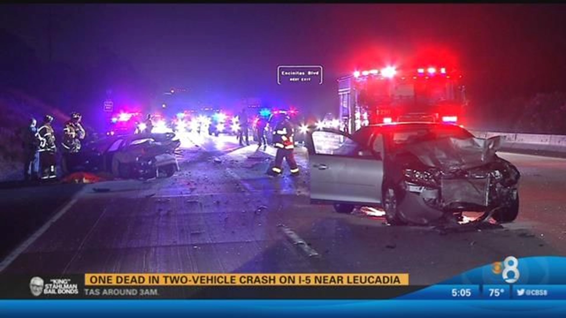 One dead in twovehicle crash on I5 near Leucadia
