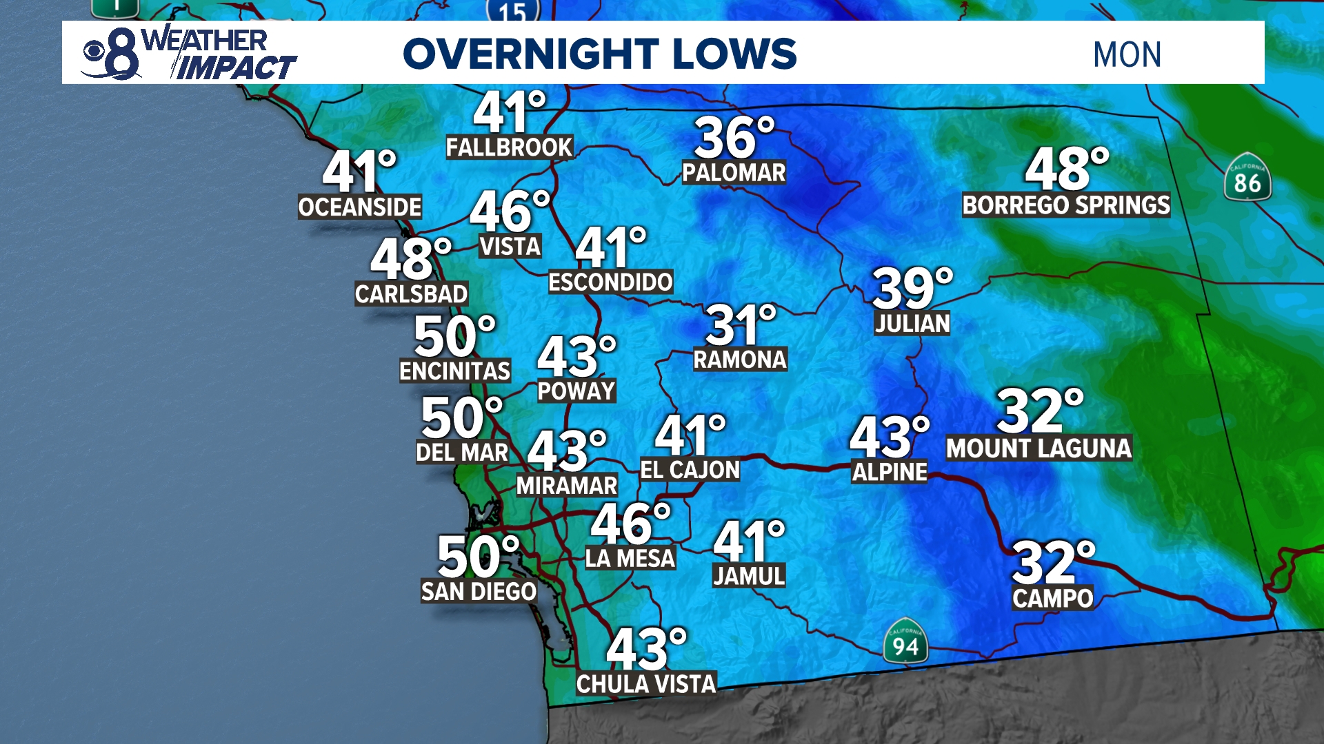 Warmer temperatures expected by midweek, Santa Ana conditions return by Wednesday.