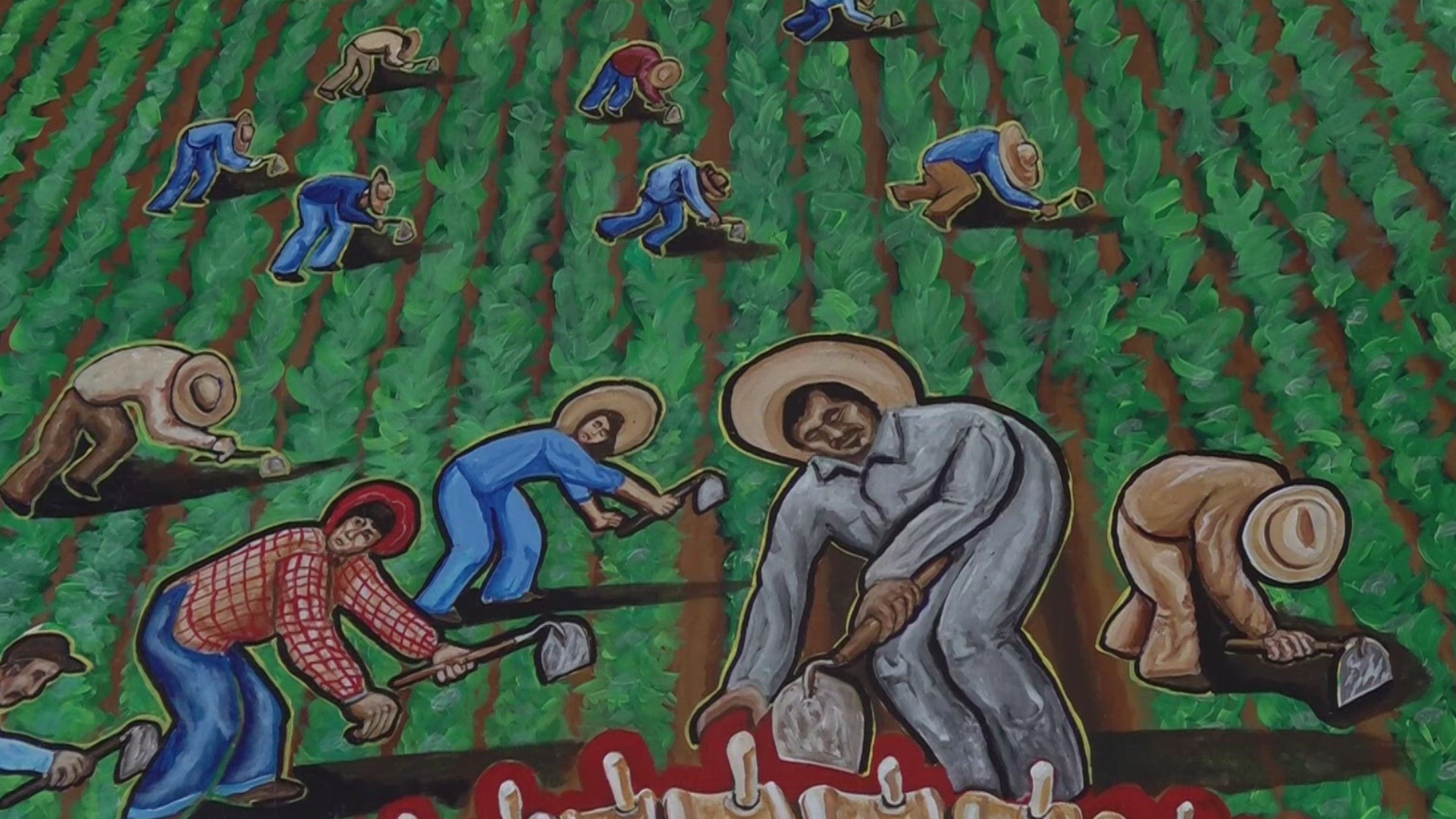 The mural depicts 1960s farmworkers hunched over and forced to use a short-handled tool to wheel, many developed long-term injuries from bending over for hours.