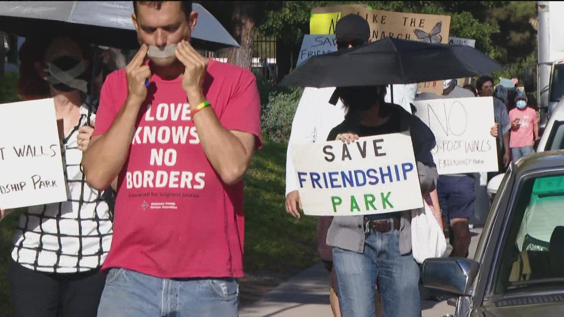 Dozens of advocates protested outside Border Patrol headquarters in Chula Vista. They expressed their frustration against two 30-ft. wall replacements.