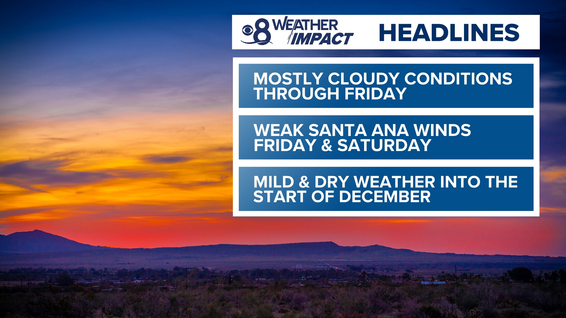 Another round of Santa Ana winds are expected in San Diego County. As a result, the weekend will bring a countywide warm up with near to above normal temperatures.