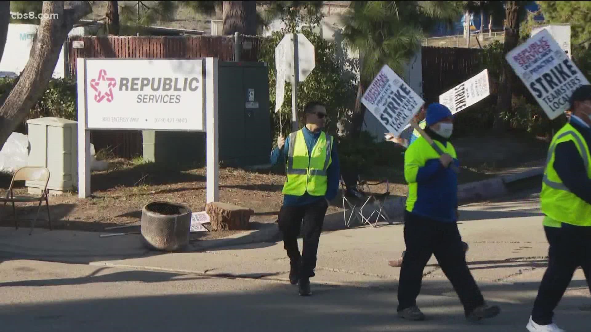San Diego sanitation workers entered their 18th day of striking Tuesday against Republic Services; negotiations are set to resume Wednesday