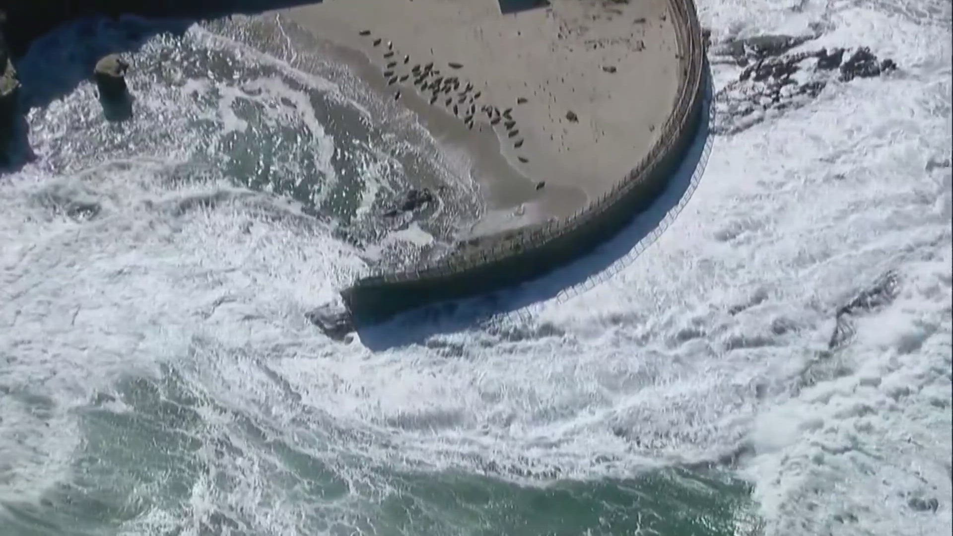 Aerial views show portions of the seawall railings that have been knocked over at the Children's Pool La Jolla from high surf and strong waves.