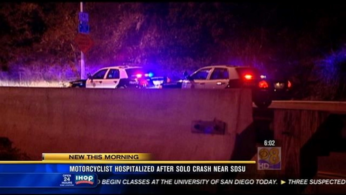 Motorcyclist hospitalized after solo crash near SDSU | cbs8.com