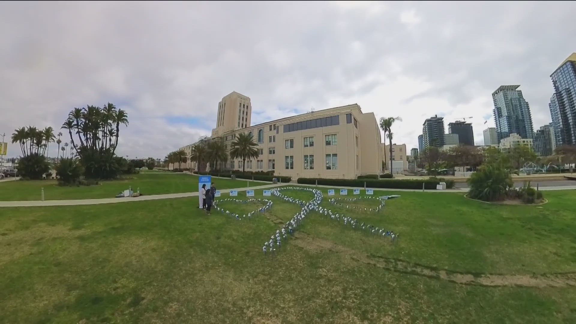The organization Promises2Kids put up pinwheels outside the county administration center to raise awareness of child abuse.