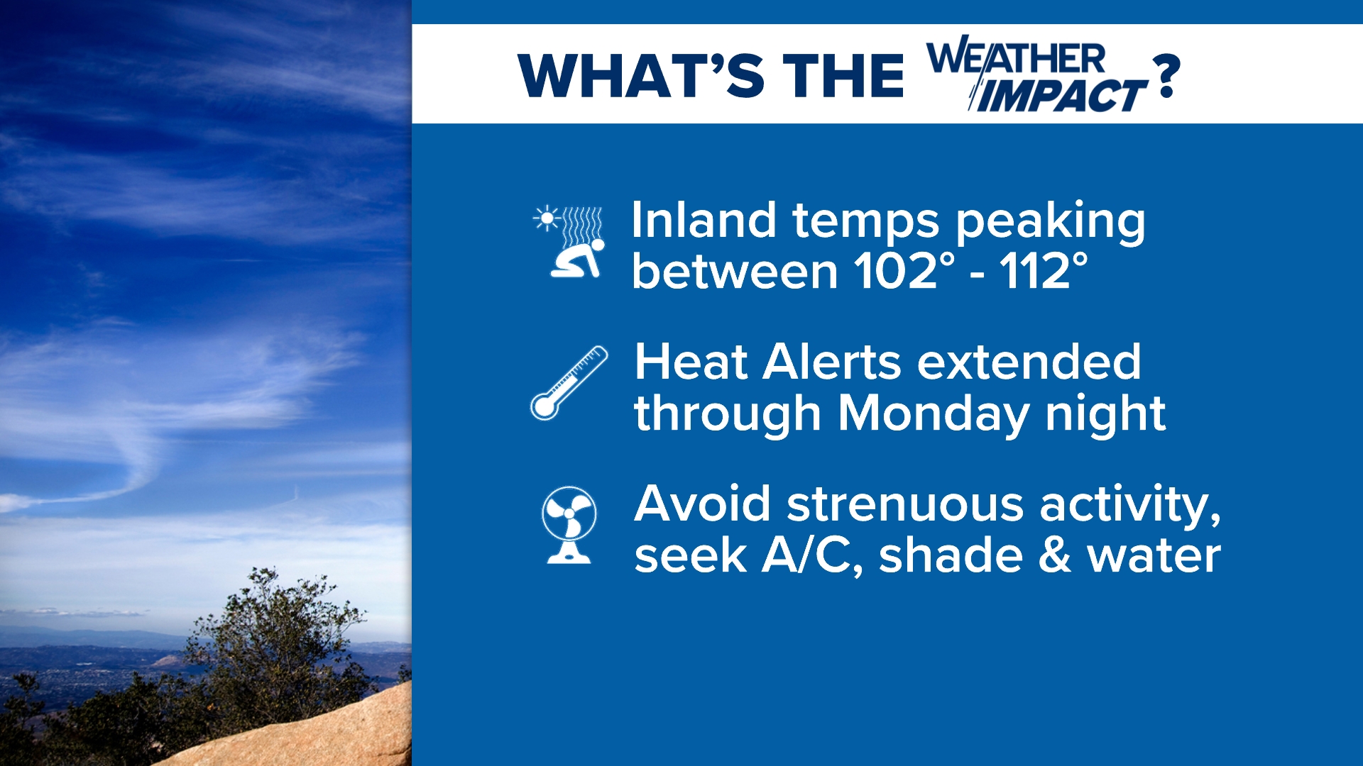 Temperatures will continue to trend 10 to 25 degrees warmer than normal in San Diego County on Friday as heat alerts remain in effect for much of the West.