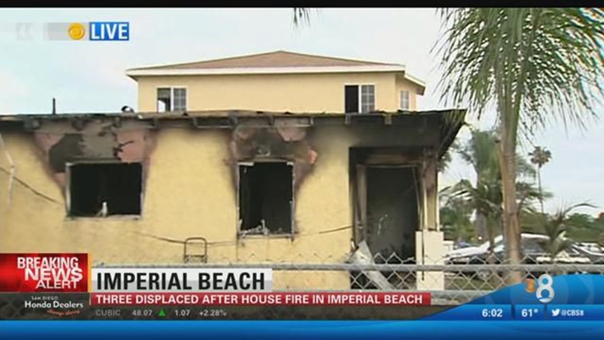 Three displaced after house fire in Imperial Beach