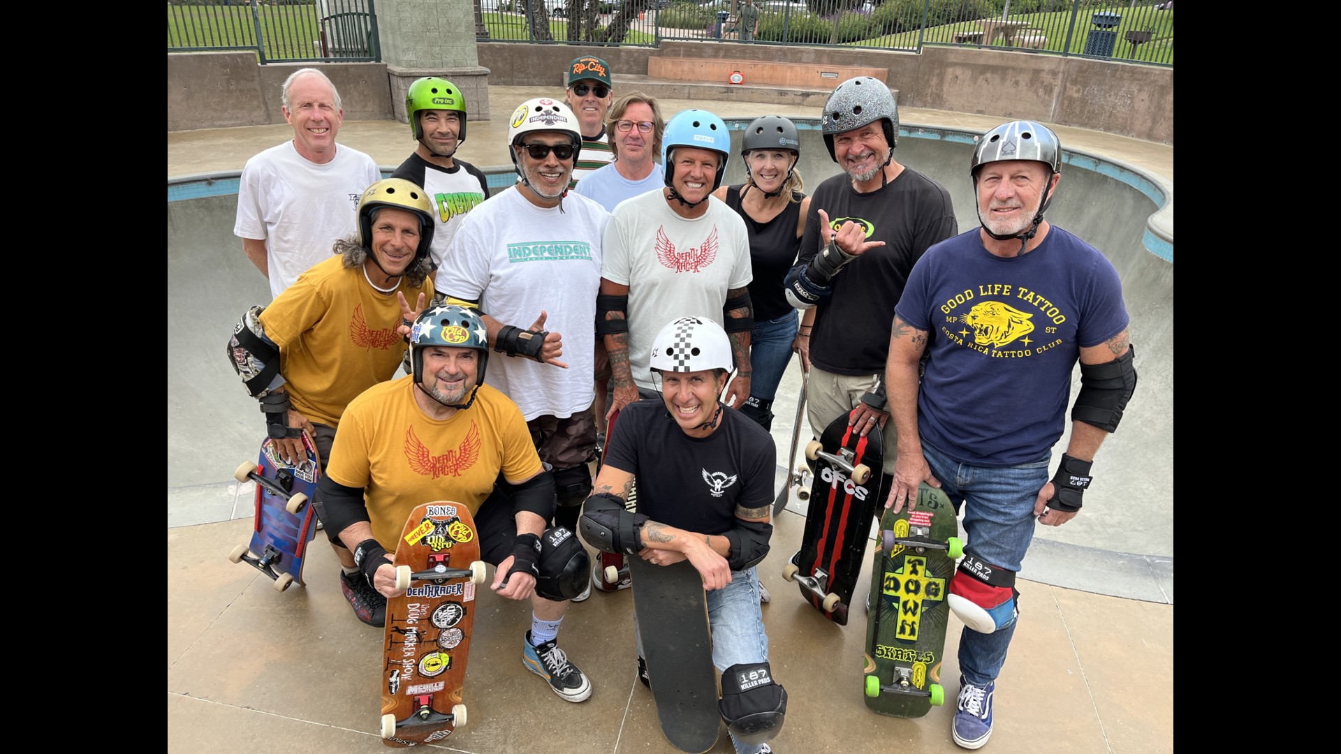 'Death Racer 413' skateboarding club has members in their 50's and 60's.