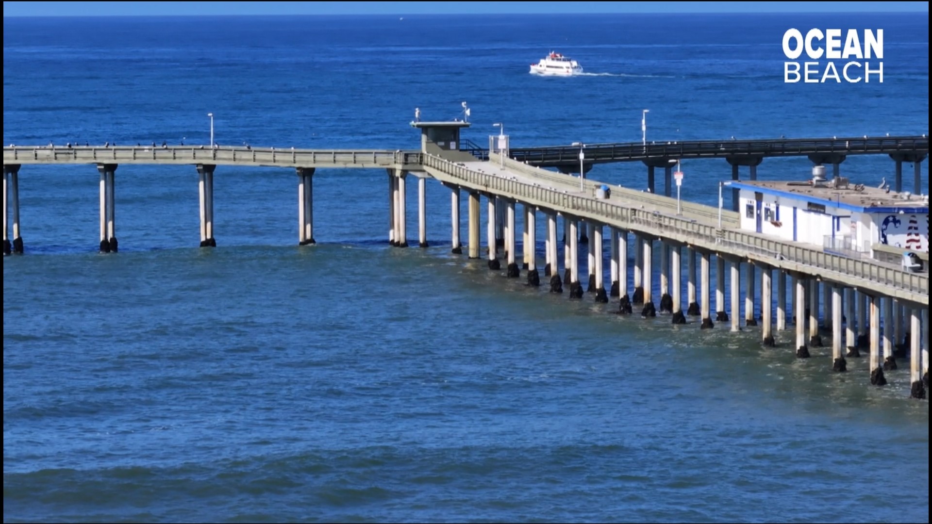 Drone views above the OB Pier in San Diego on a fall day.