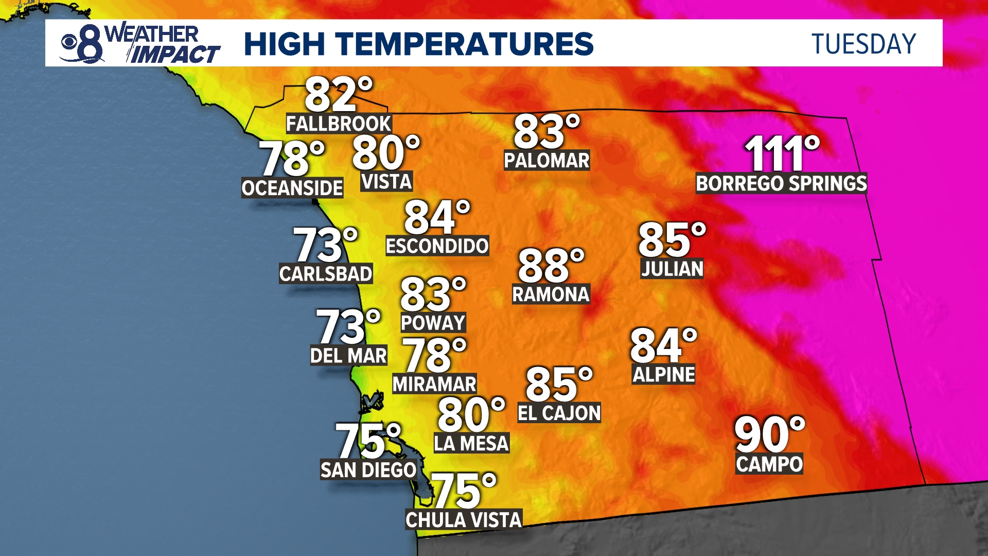 An Excessive Heat Warning will remain in effect for the San Diego County desert as afternoon heat hovers near 110 degrees through Thursday.