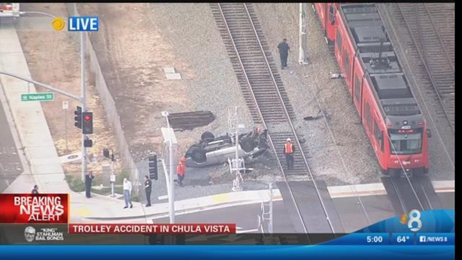 Vehicle overturned in collision with trolley in Chula Vista | cbs8.com
