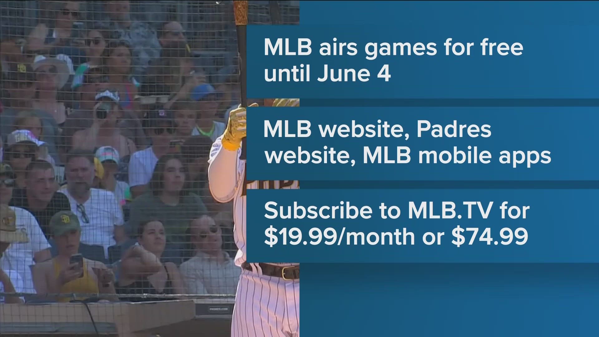 The Padres and Major League Baseball will now partner for a direct-to-consumer streaming option that will also lift local distribution blackouts starting Wednesday.