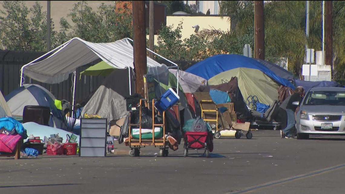 Construction begins on new tent homeless shelter in Midway area | cbs8.com