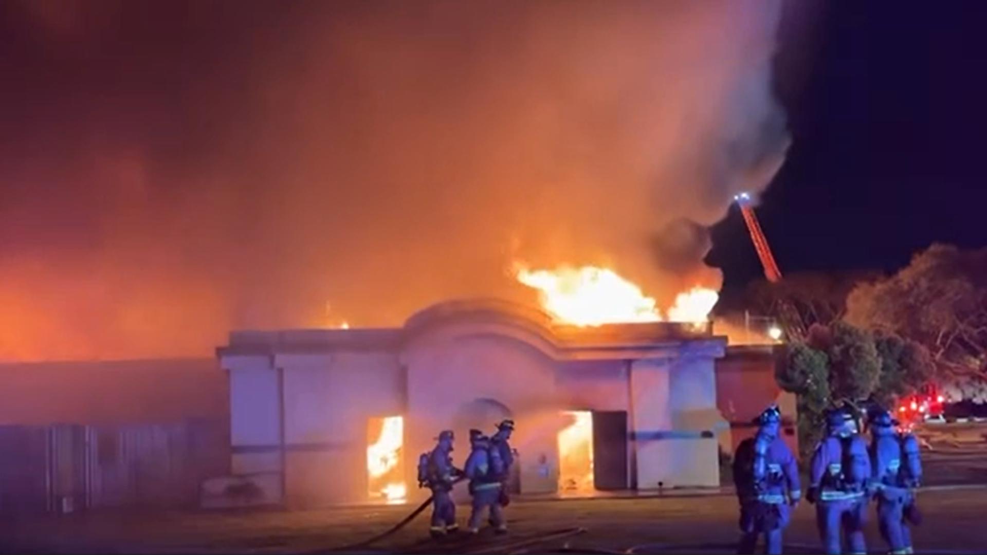 San Diego fire crews responded to a second-alarm fire at an abandoned building in Liberty Station, Wednesday night.