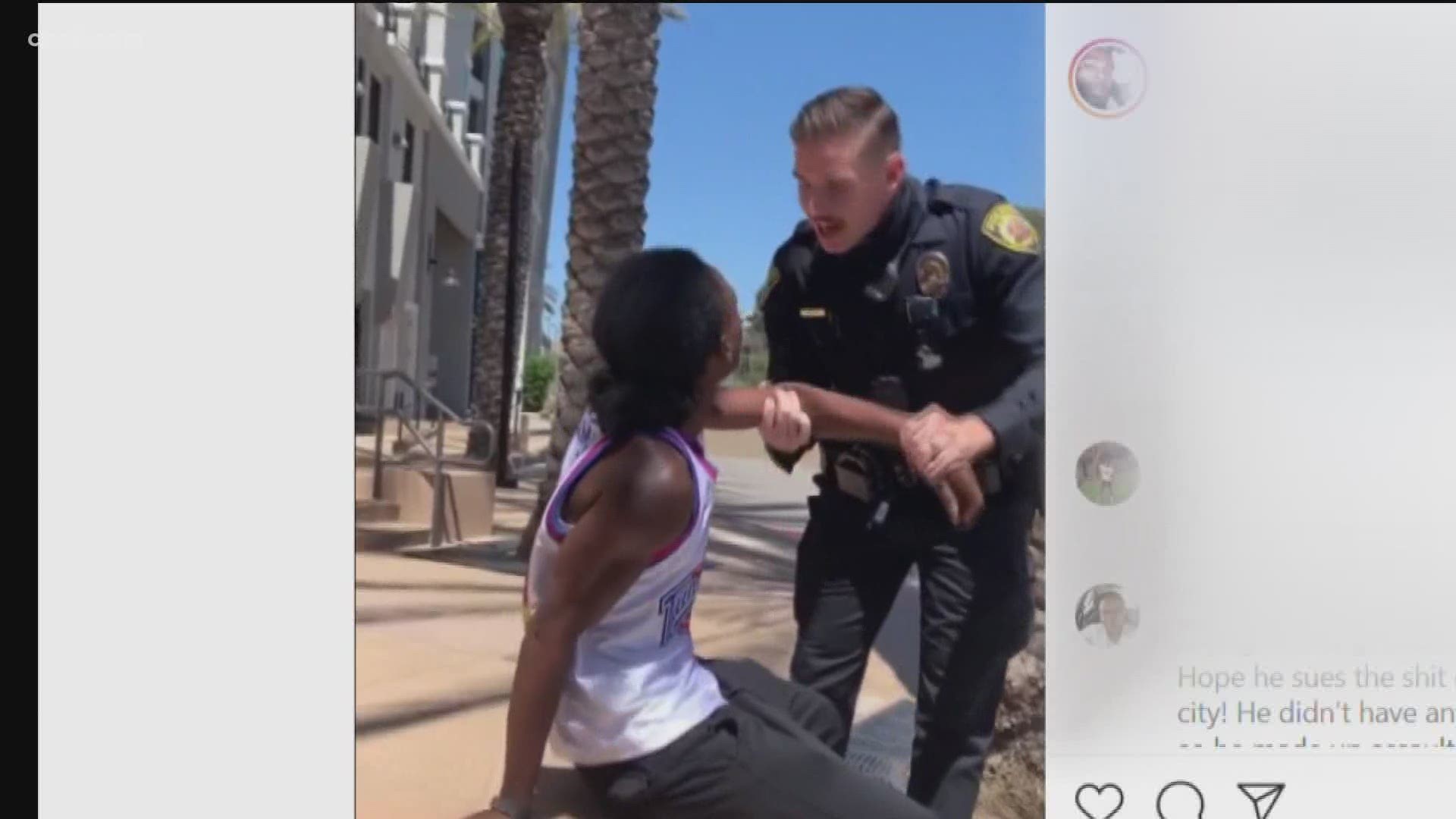 In a video of the heated exchange a white male police officer is seen pushing a black male repeatedly into a seated position before handcuffing, then arresting him.