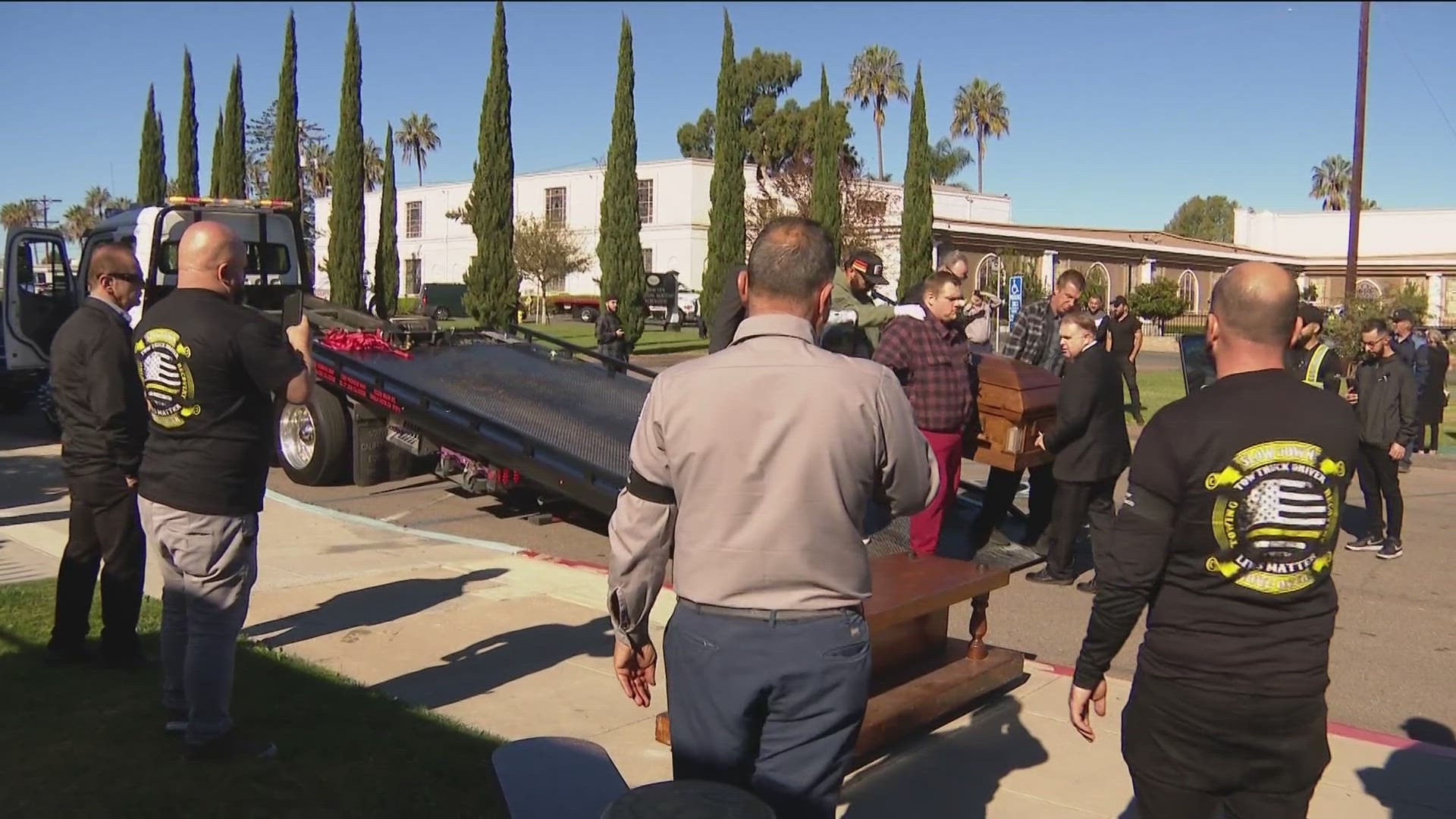 Friends and family held a procession Saturday. Tow trucks drove from El Cajon — where Pumphrey lived — to the Cypress View Mortuary on Imperial Avenue.