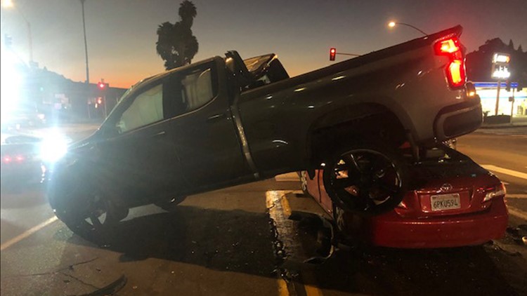 Truck lands on car in multi-vehicle accident in Rolando | cbs8.com