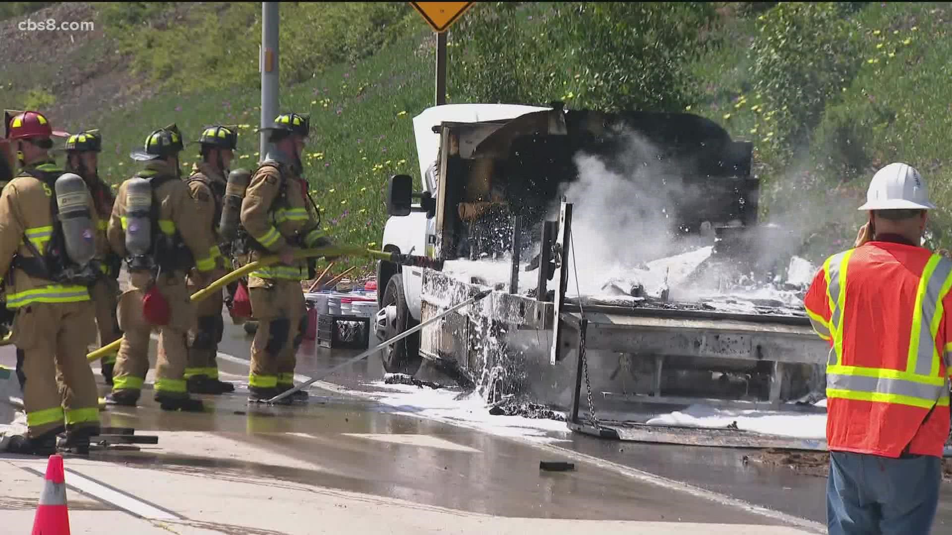 Hazmat was on the scene Tuesday afternoon cleaning up after a box truck fire on southbound I-805 near SR-163.
