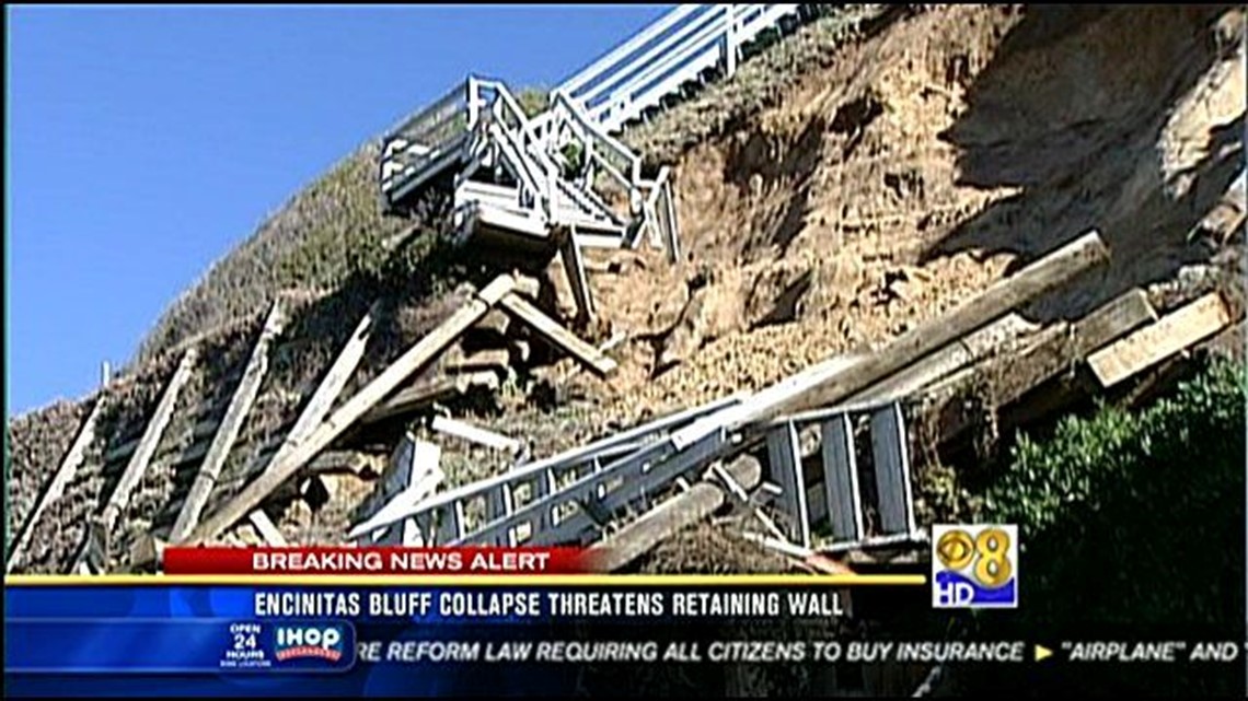 Encinitas bluff collapse threatens retaining wall