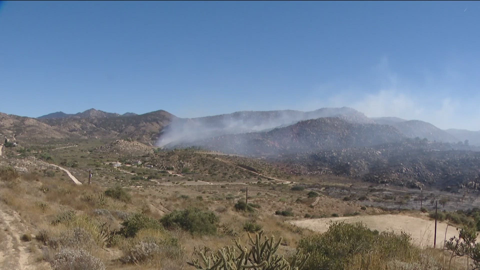 Fire officials are battling a wildfire fueled by gusty Santa Ana winds that's ripping through rural land in incorporated Riverside County.