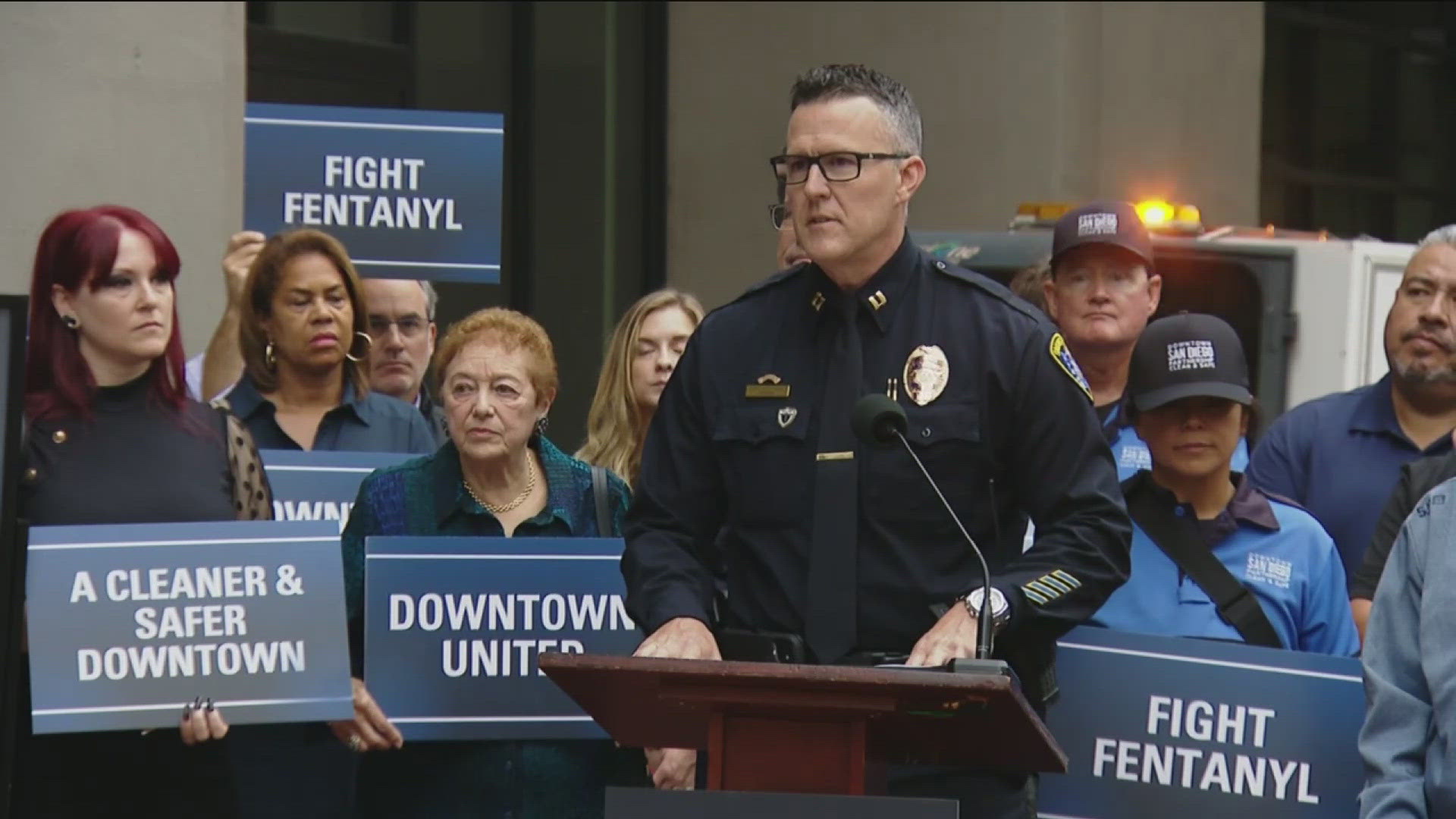 Mayor Todd Gloria and other San Diego leaders shared a plan to improve health and safety downtown, including more police enforcement.