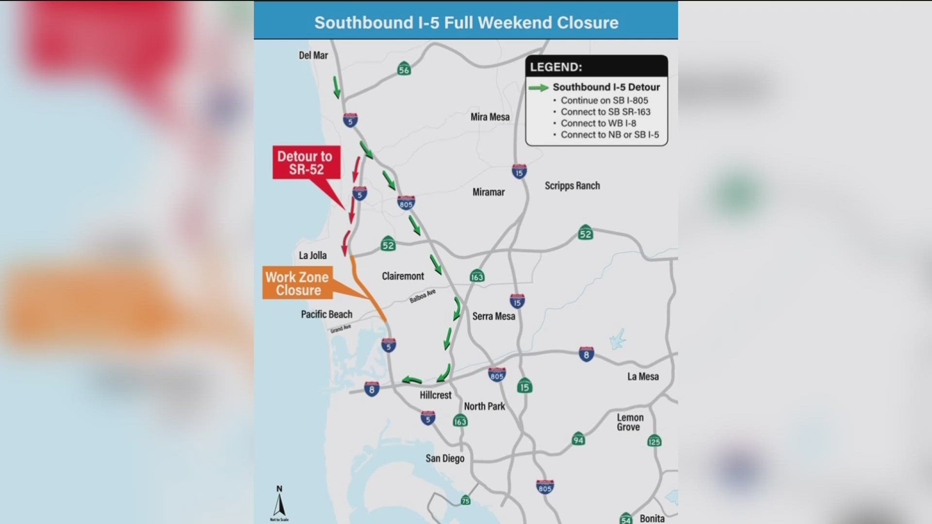 ルート Southbound lanes of I-5 from SR-52 to Mission Bay Drive onramp
