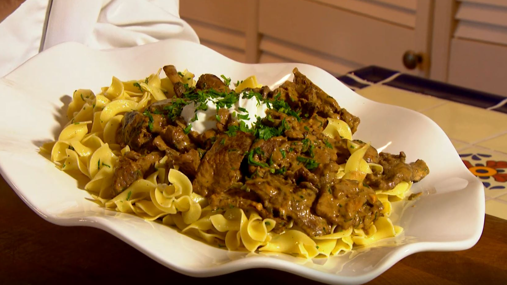Beef stroganoff is a signature dish best served over noodles.