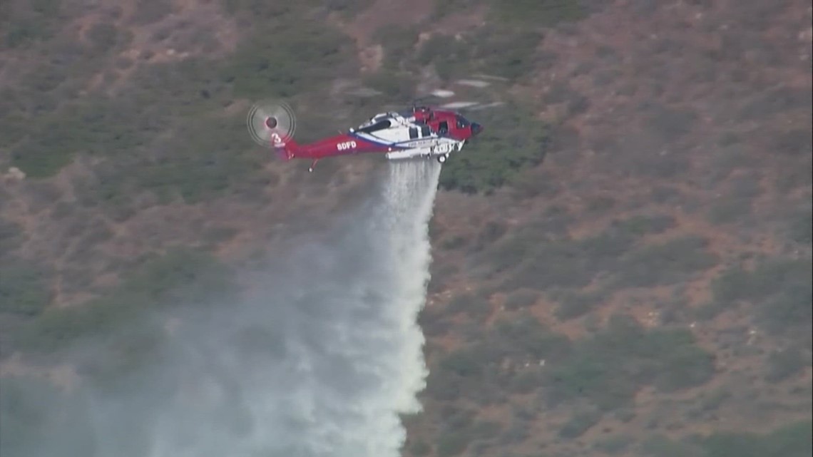 Air support and ground crews battle brush fire in Rancho Bernardo ...