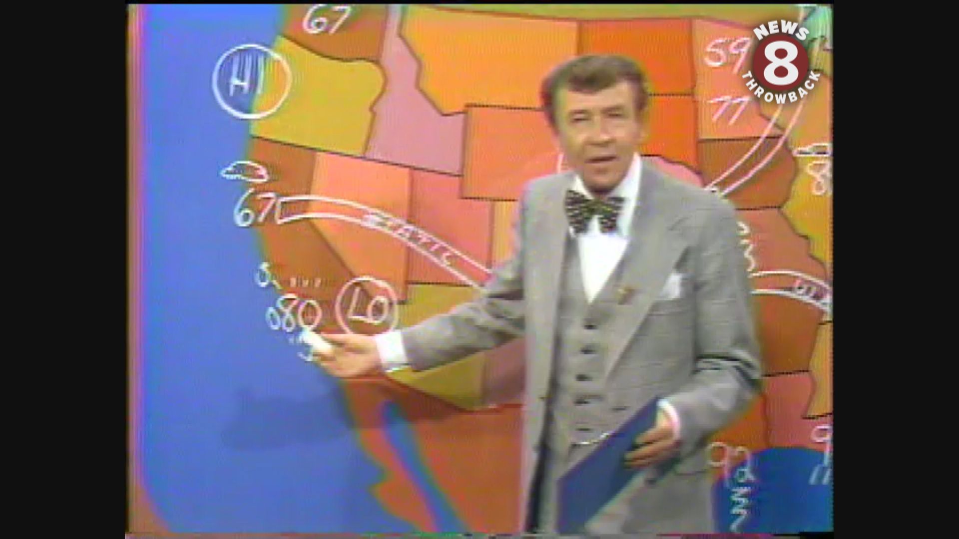 Weatherman Bob Dale tosses to reporter Gene Gleeson for a weather report on a beautiful day August 26, 1977.