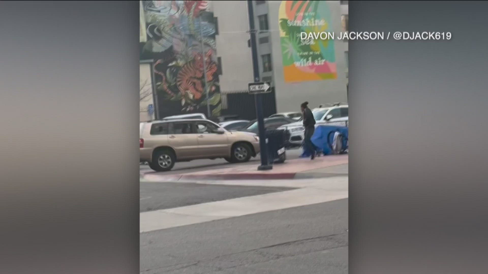 Video shared with CBS 8 showed a brown SUV driving erratically onto the sidewalk where a bat-wielding man was standing.