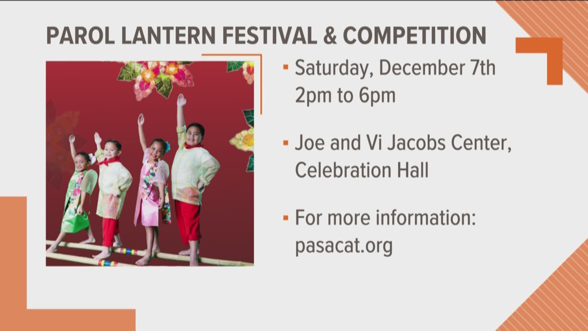 Experience an afternoon of Philippine dance & culture, silent auction, raffles, parol competition prizes, and more.