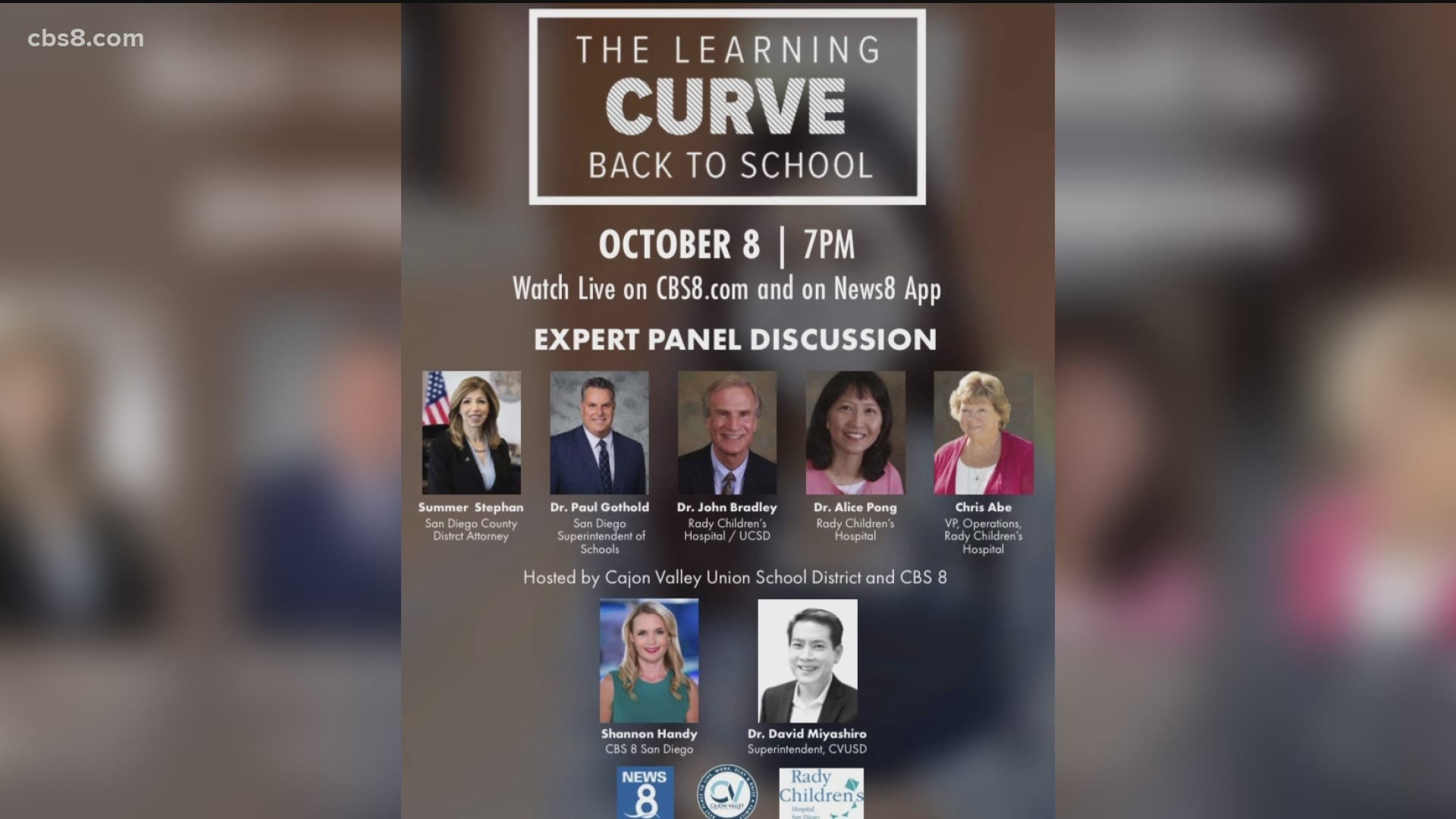 Watch the expert panel discussion live on Oct. 8 at 7 p.m. at cbs8.com and CBS 8 App.