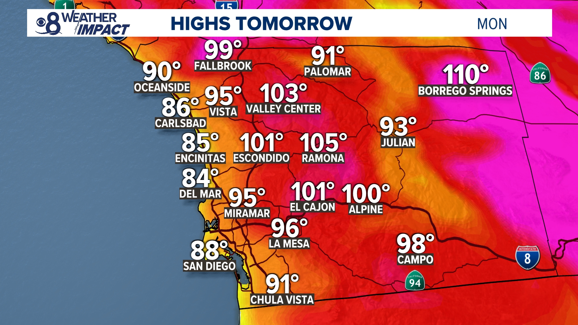 Temperatures will continue to trend 10 to 25 degrees warmer than normal in San Diego County as heat alerts remain in effect for much of the West.